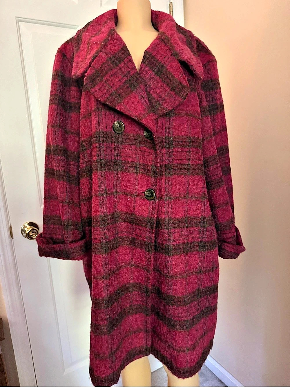 Jones New York Plaid Pea Coat in Pink & Black XL Like New